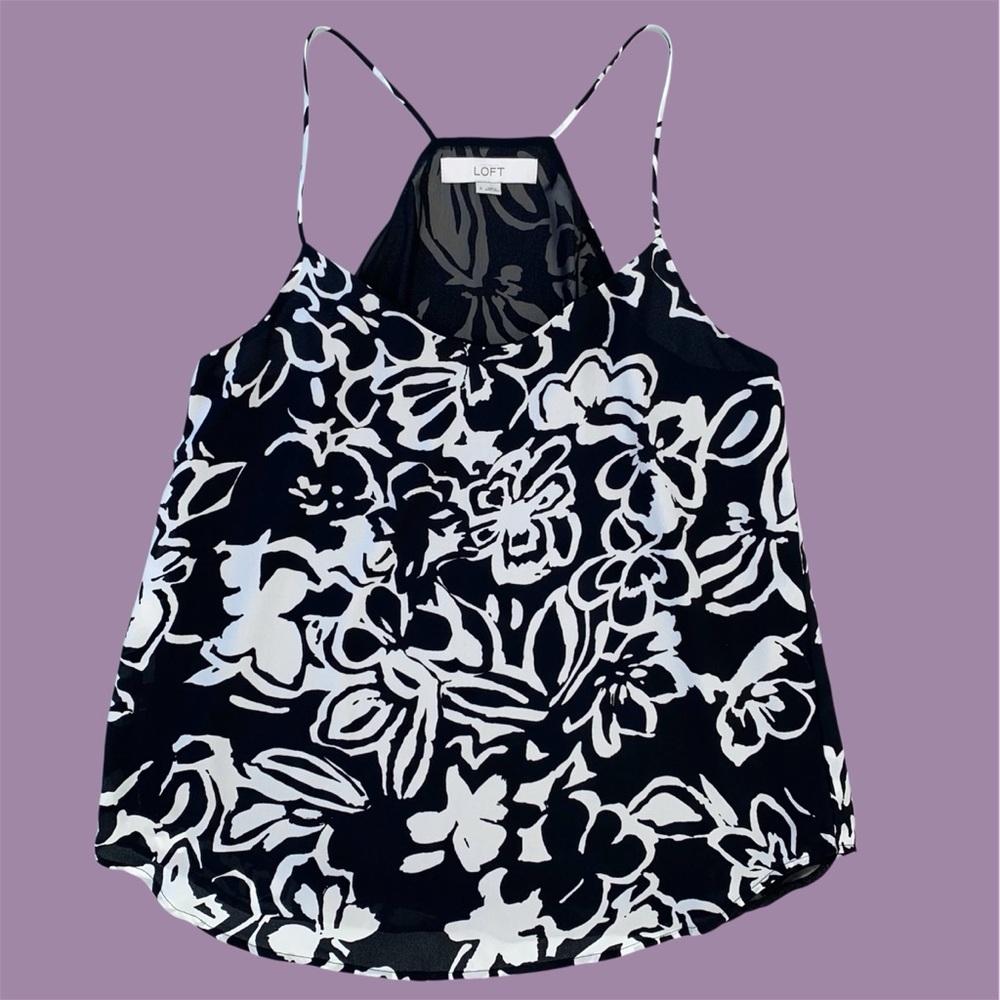 Ann Taylor LOFT Black and White Tropical Floral Spaghetti Strap Tank Top, Small